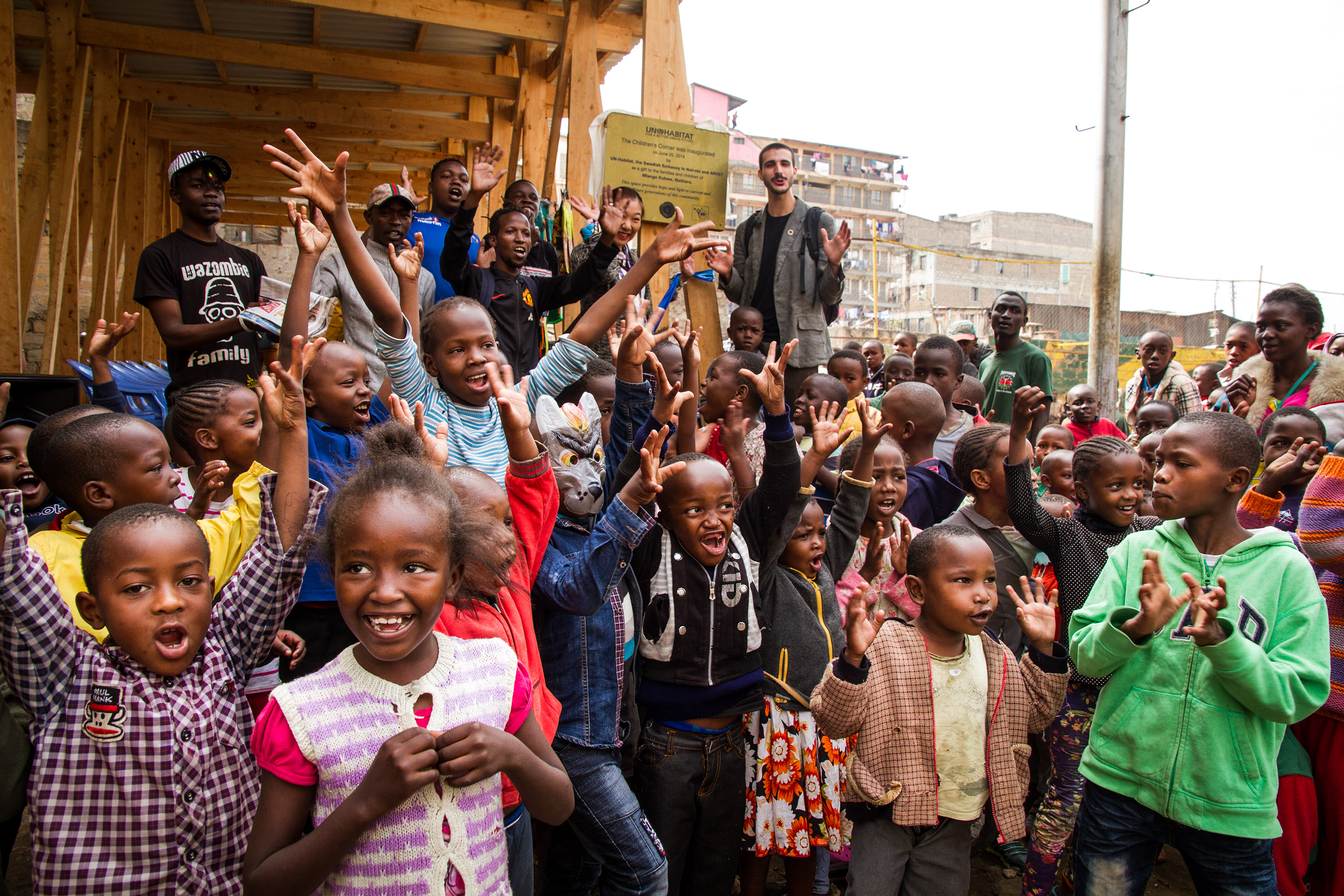 Children infront of the new Childrens Corner in Mathare [UN-Habitat/Kirsten Milhahn]