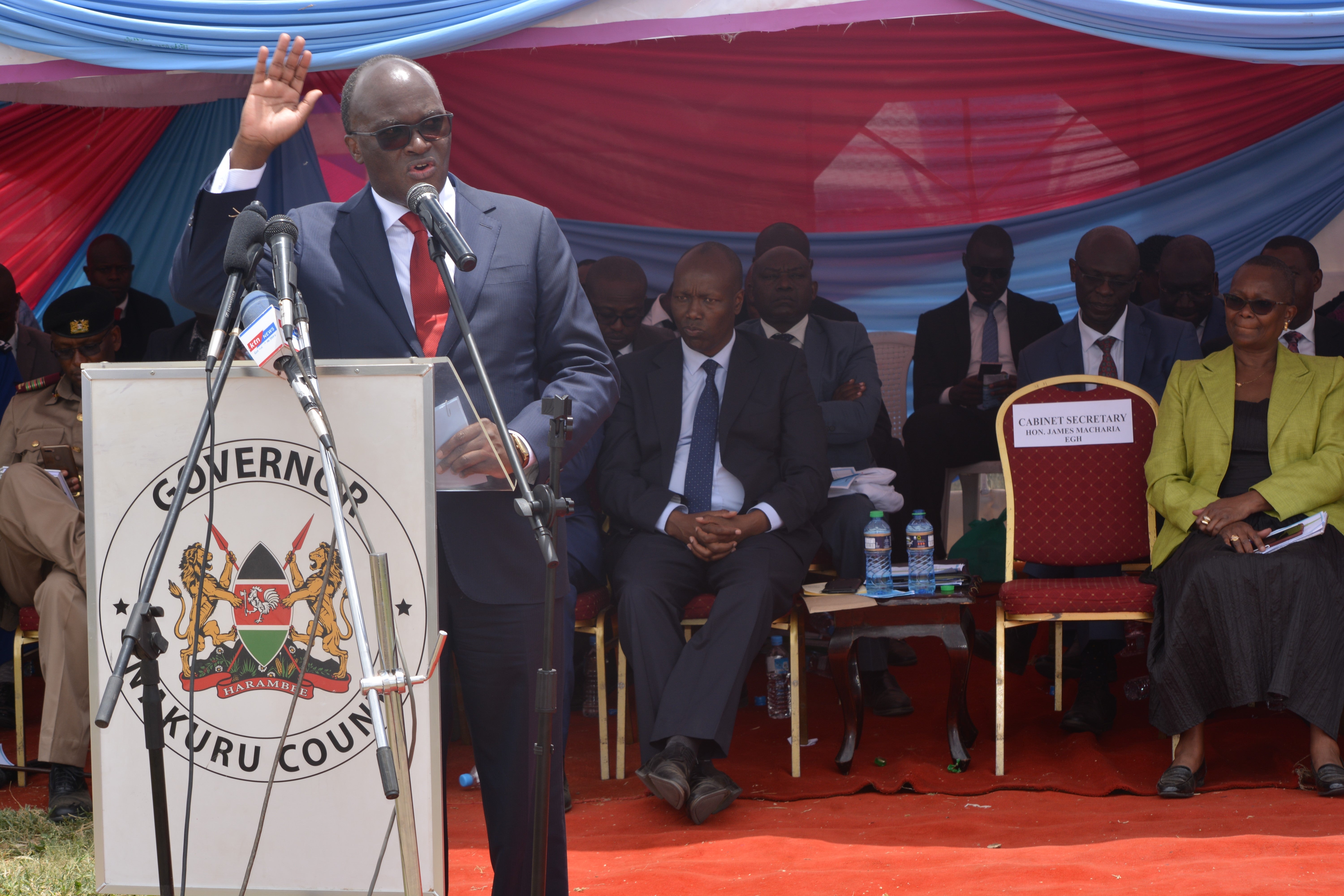 Kenya’s Cabinet Secretary for Transport, Infrastructure, Housing, Urban Development and Public Works, Mr. James Macharia gives a speech at the national celebrations for World Habitat Day in Nakuru, Kenya