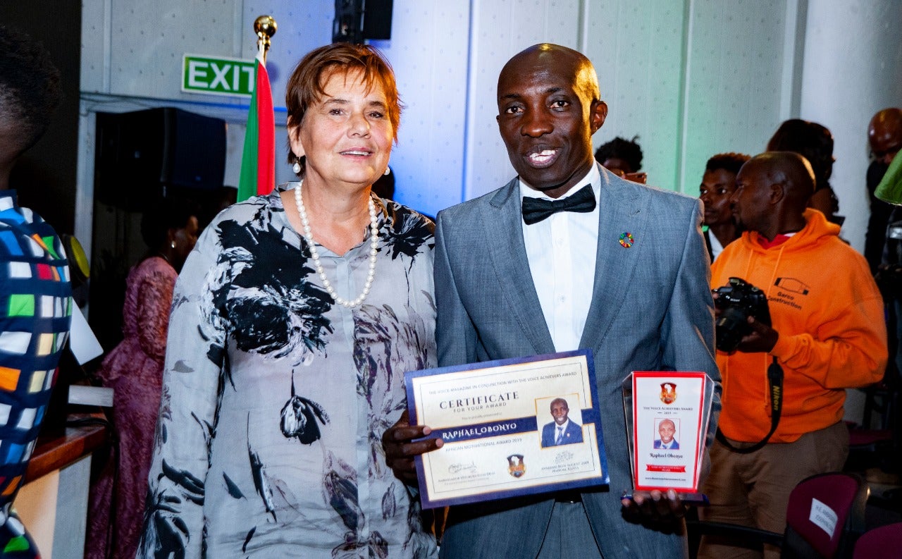 Raphael Obonyo with the Netherlands Deputy Ambassador Martine van Hoogstraten