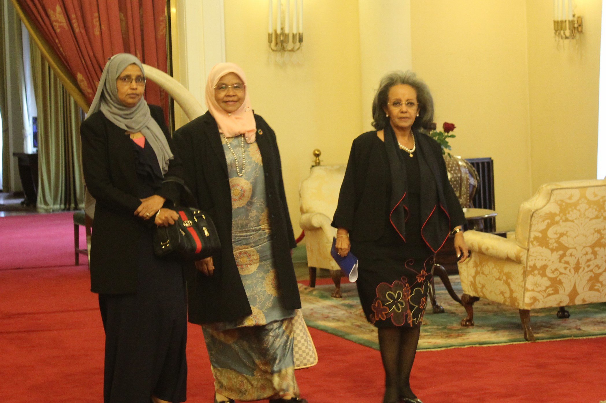 The UN-Habitat Executive Director walking with the Ethiopian President Sahle Work-Zewde and the Minister of Urban Development and Construction Aisha Mohammed in Addis Ababa.