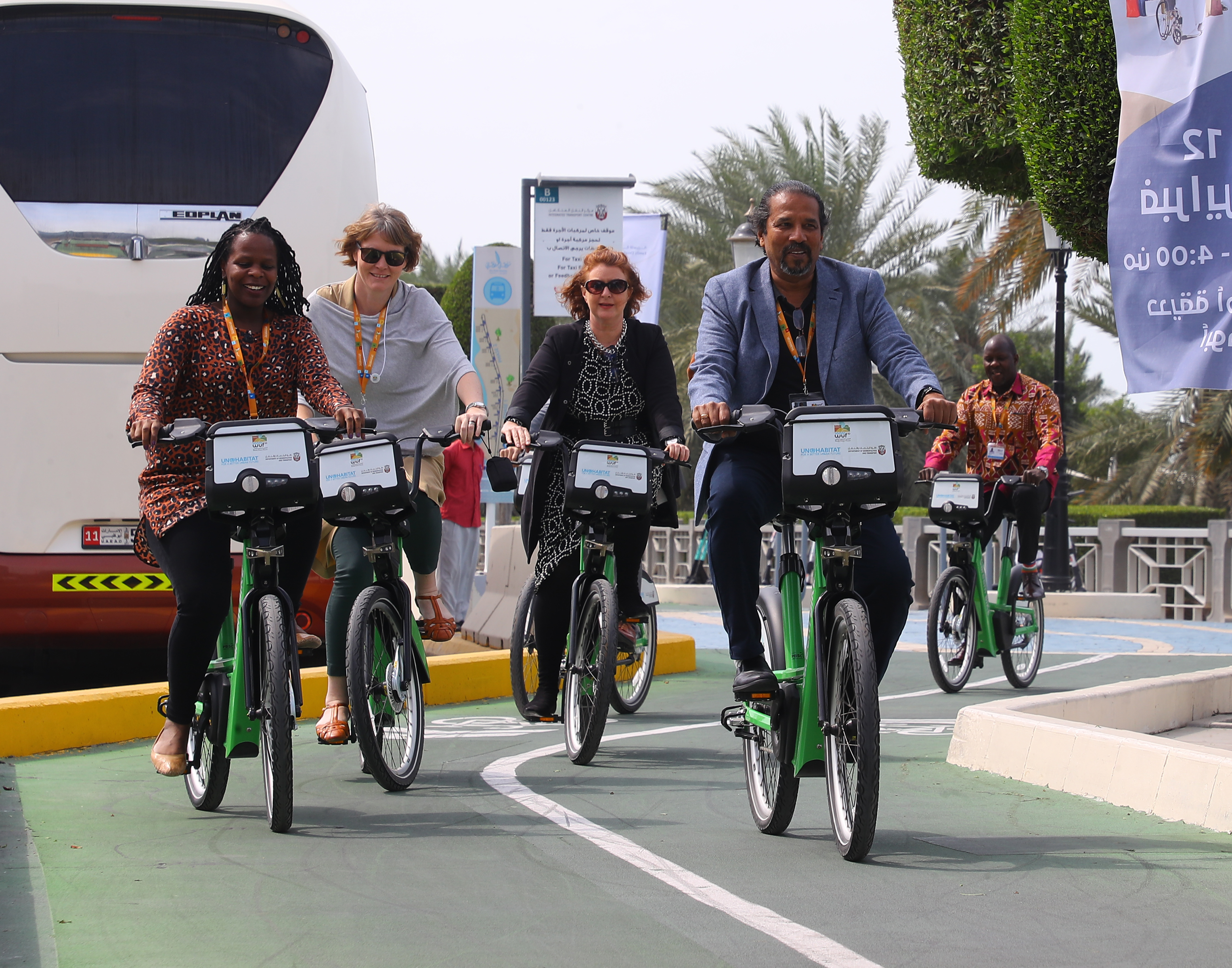 WUF10 deleagtes on the bikes lanes along the corniche in Abu Dhabi