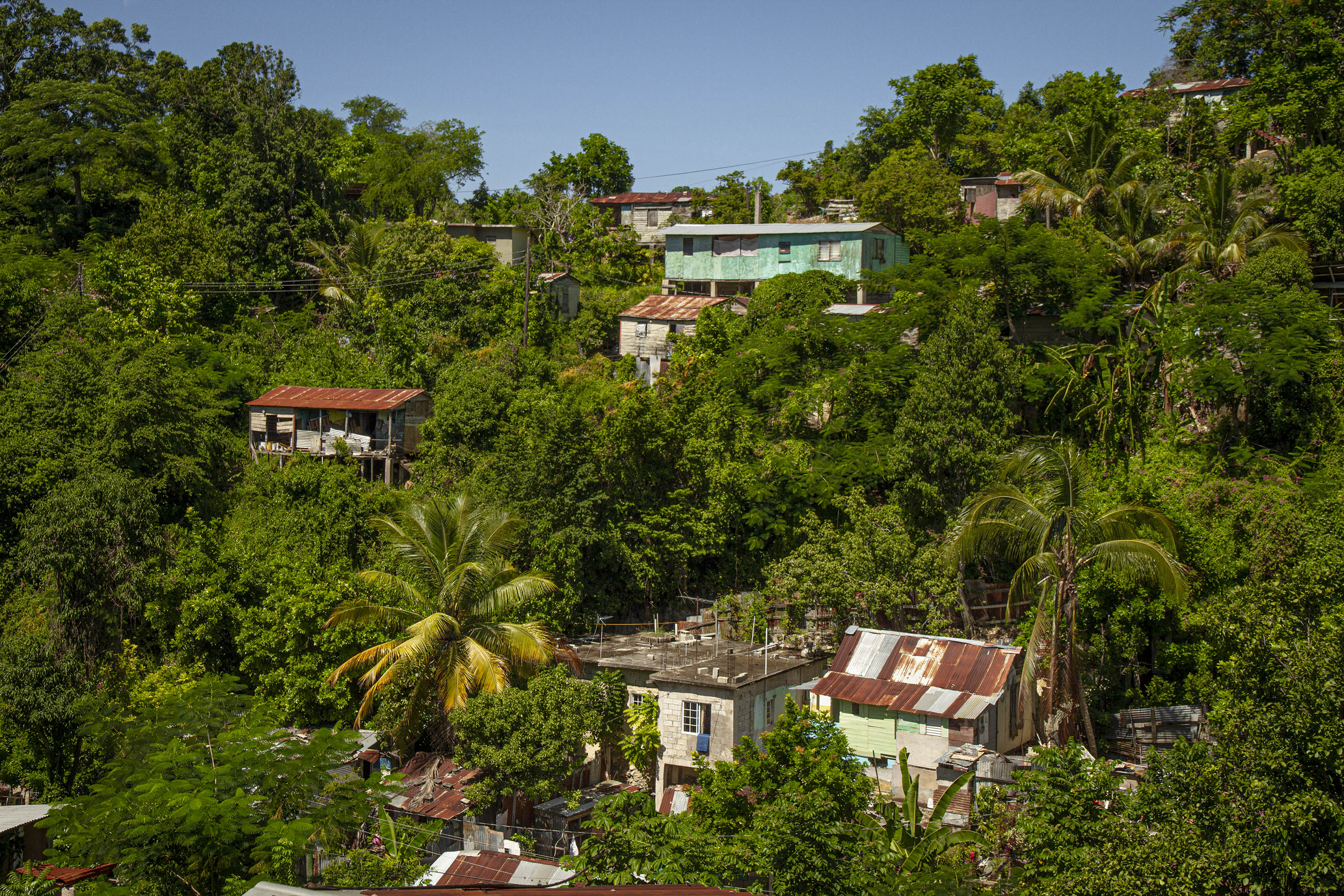 Houses perched on the hill in North Gully, Montego Bay, Jamaica.