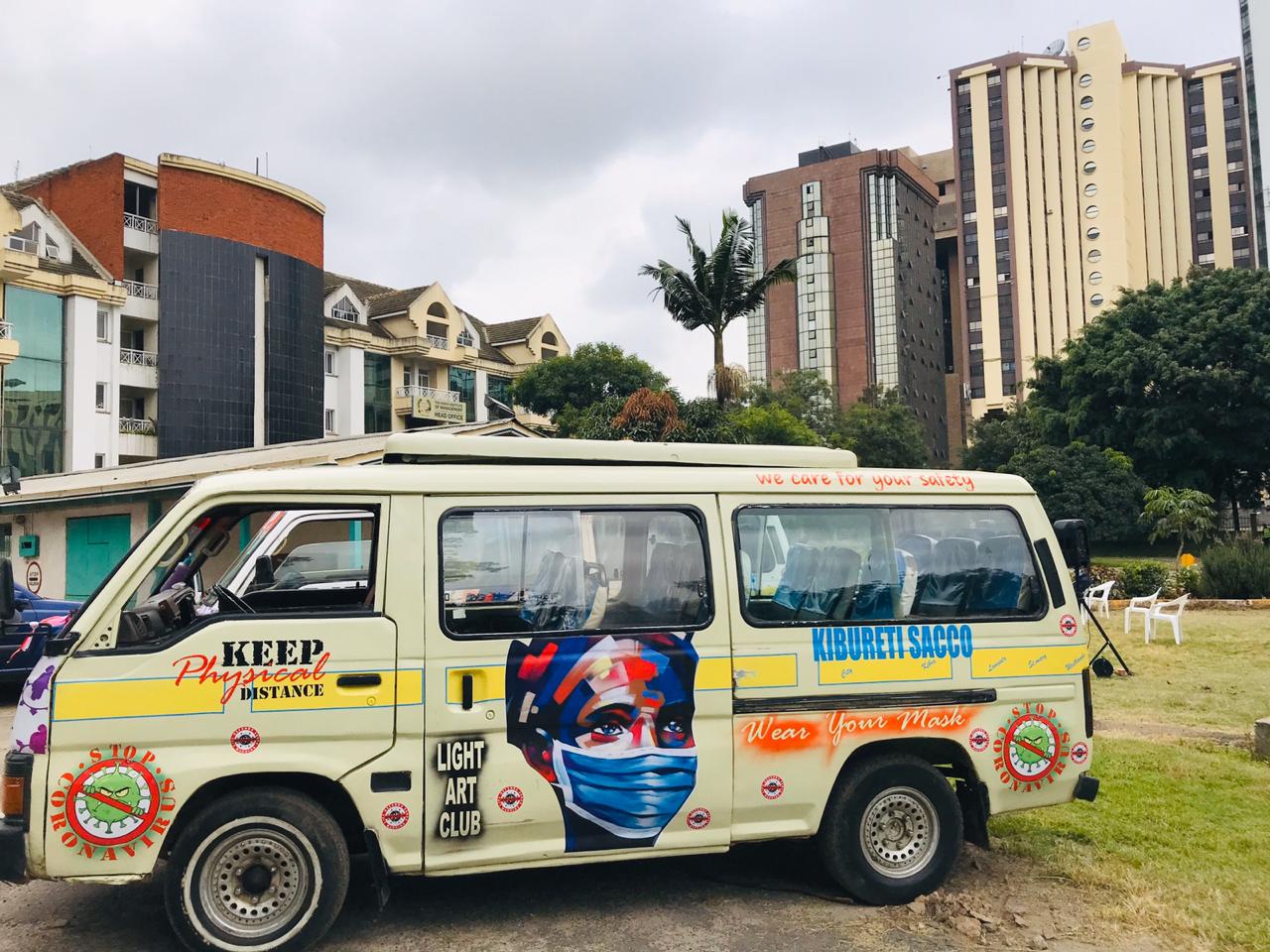 One of the Kenyan public minivans or matatus spray painted with COVID-19 prevention messages as part of a UN-Habitat initiative