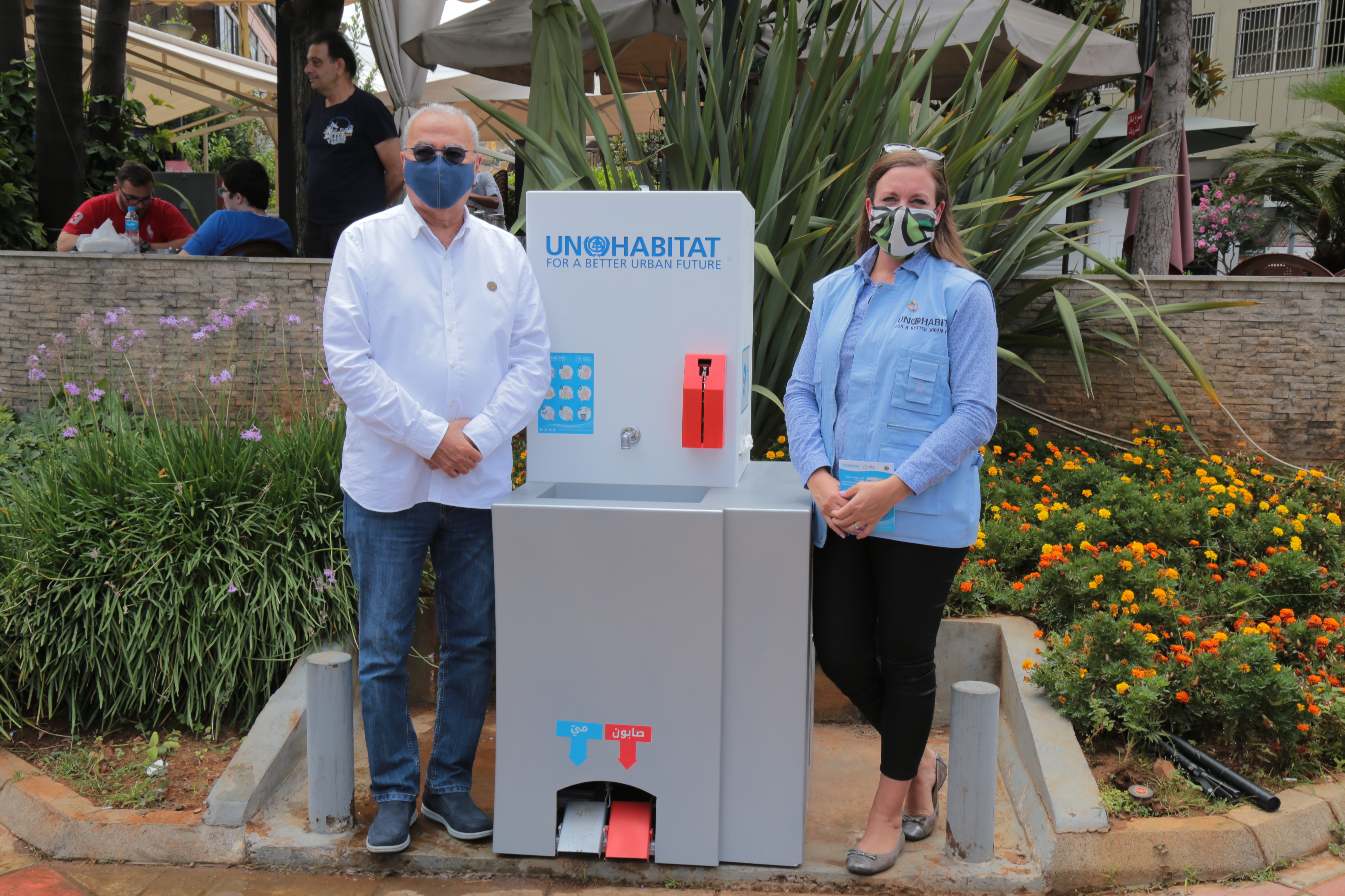 The inauguration of the first communal handwashing stations in Lebanon to prevent the spread of COVID-19 and other illnesses with the Mayor of Bourj Hammoud, Mount Lebanon Mardig Boghossian and the head of UN-Habitat Lebanon Country Programme Taina Christiansen