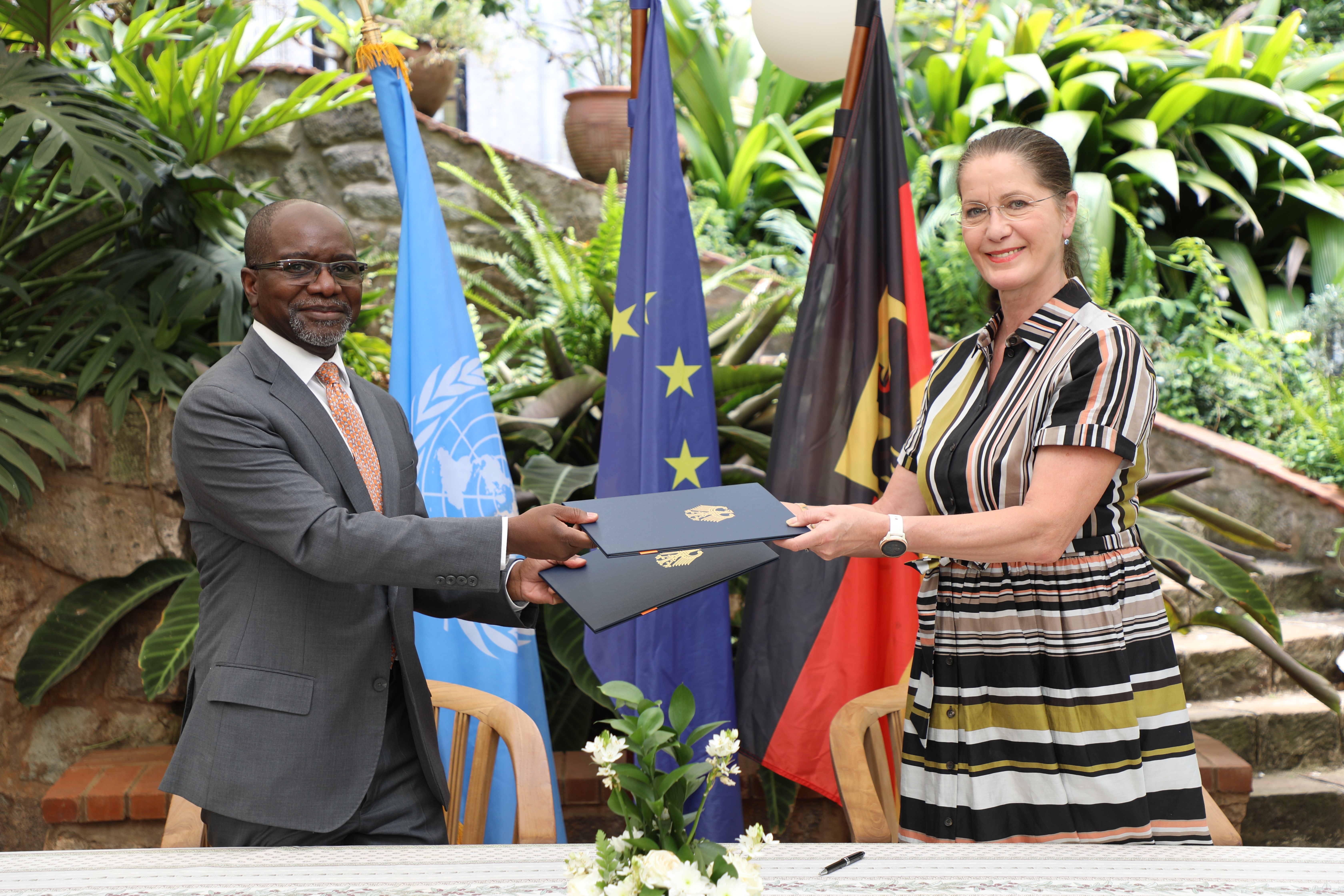 UN-Habitat Deputy Executive Director Mr. Victor Kisob with the German Ambassador to Kenya H.E. Annett Günther, During the signing of MoU to establish the United Nations Innovation Technology Accelerator for Cities in Nairobi, Kenya 2020