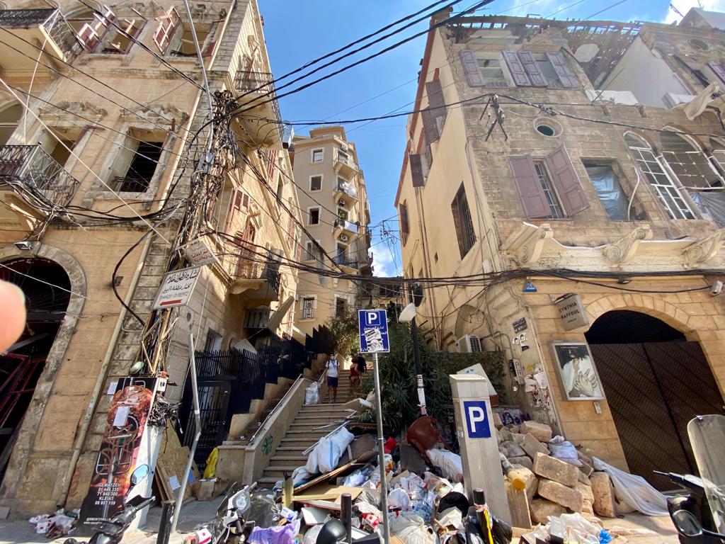 Rubble left by explosion at foot of stairs in Mar Mikhael, Beirut