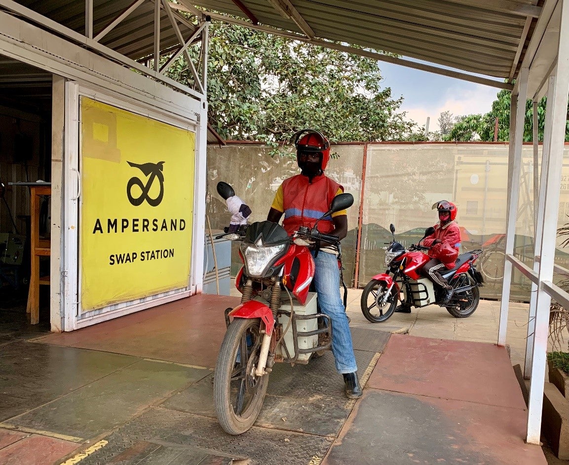 Motorcycles entering Battery Swopping Station in Kigali  Photo: Emilie Martin, UEMI