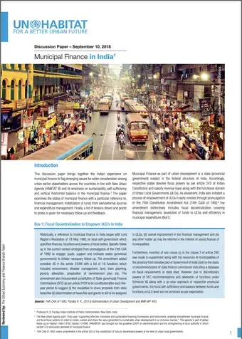 Discussion Paper – September, 2018: Municipal Finance in India - cover