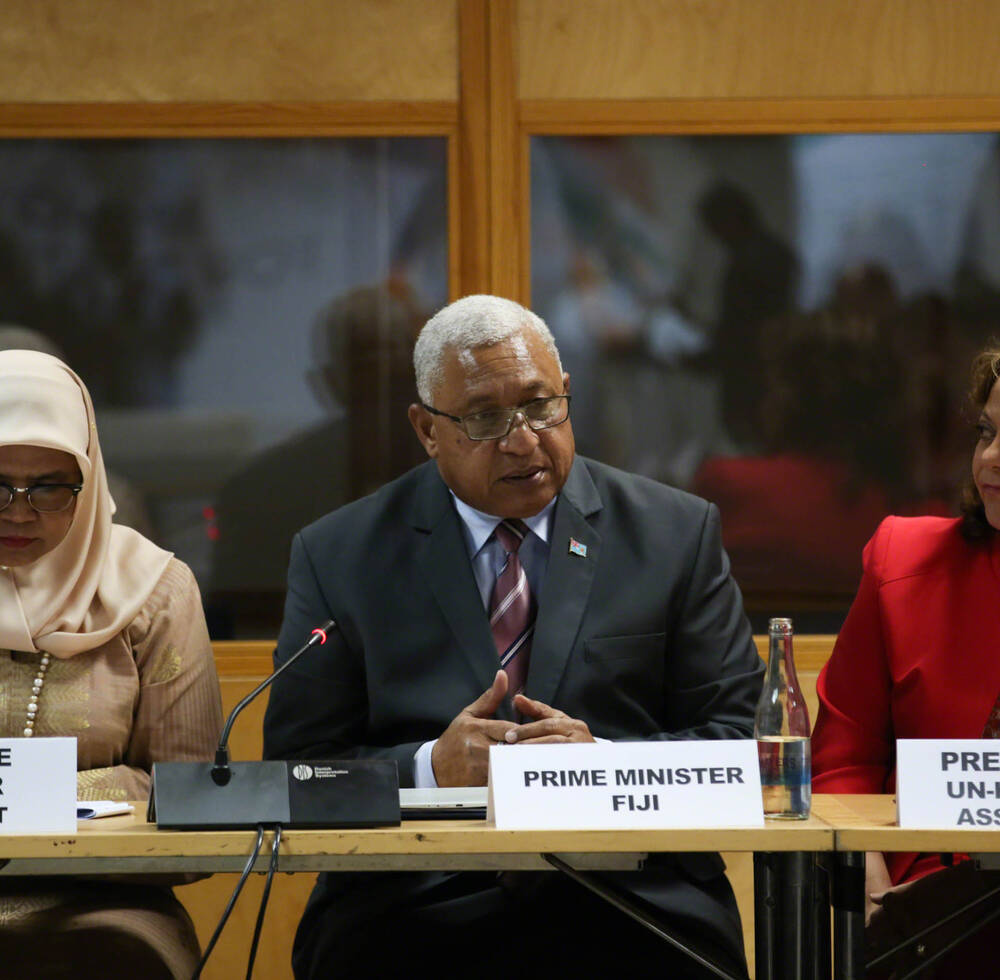 The UN-Habitat Executive Director Maimunha Mohd Sharif, the Prime Minister of Fiji, Frank Bainimarama and the President of the UN-Habitat Assembly Martha Delgado at the Ministerial Round Table on Mobilizing Commitments for the SG’s Climate Action Summit 2019