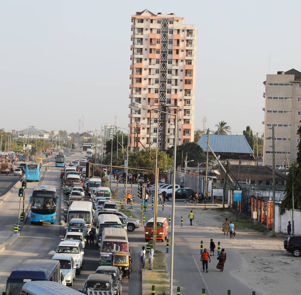 Traffic build up along the busy street next to the Morocco terminal. This shows the advantage of the BRT system over the traditional "daladala" transport in Dar Es Salaam.