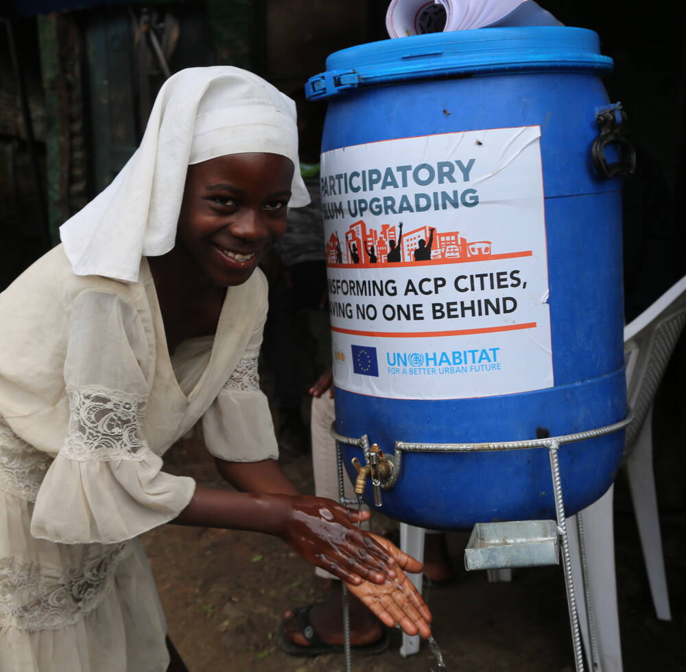 Hand washing facilities installed by UN-Habitat in Mathare slum in Nairobi, Kenya April 14, 2020