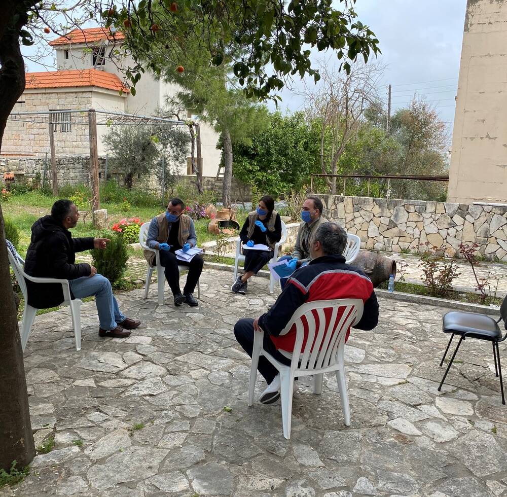 A UN-Habitat Lebanon team meets representatives of the Union of Municipalities of South Iqlim Al Kharroub, in Chouf District to identify the area’s requirements and their current response to COVID-19 ©UNHabitat