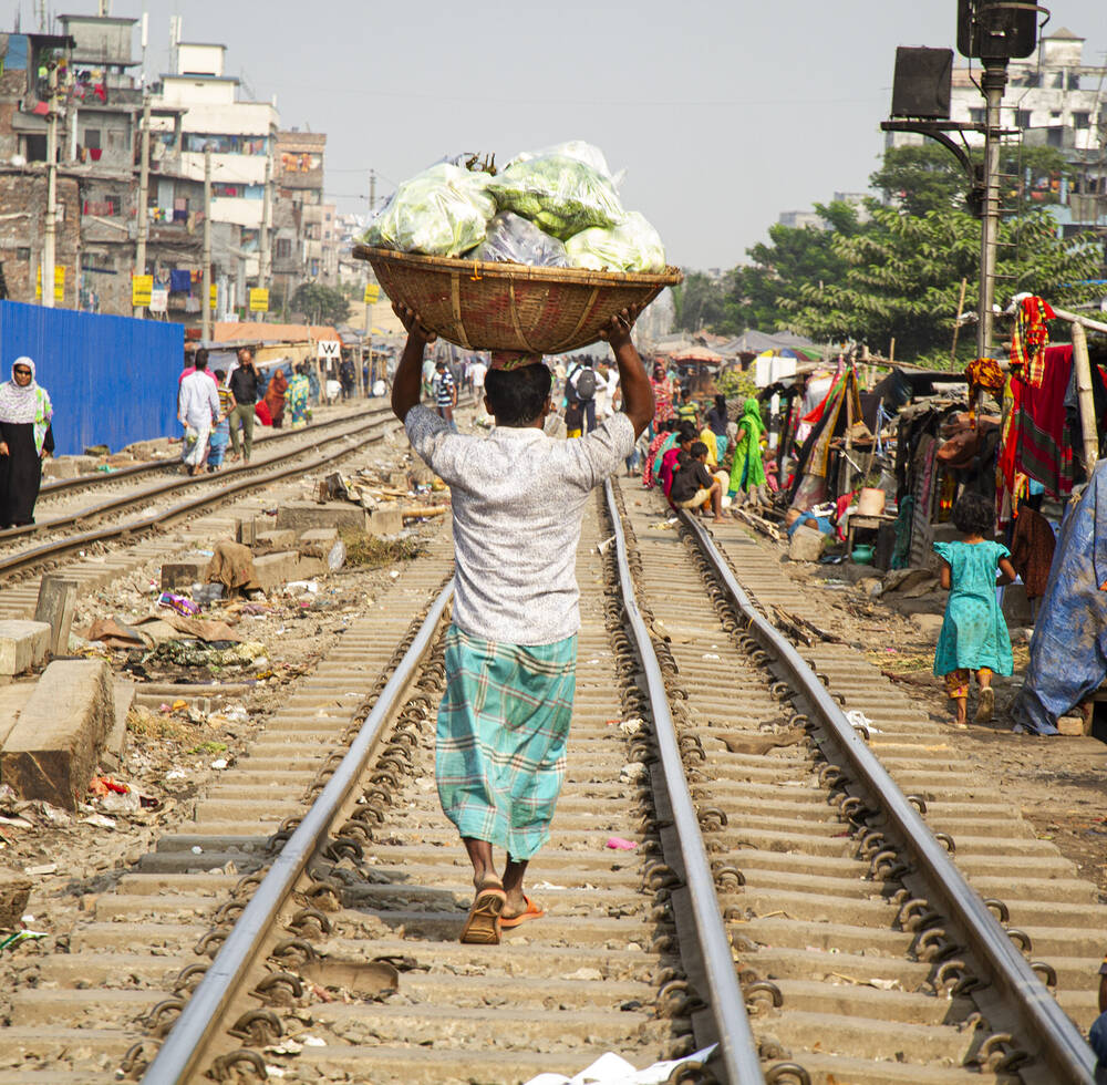 The Bijoy Sarani Railway Slum in Dhaka, Bangladesh. 