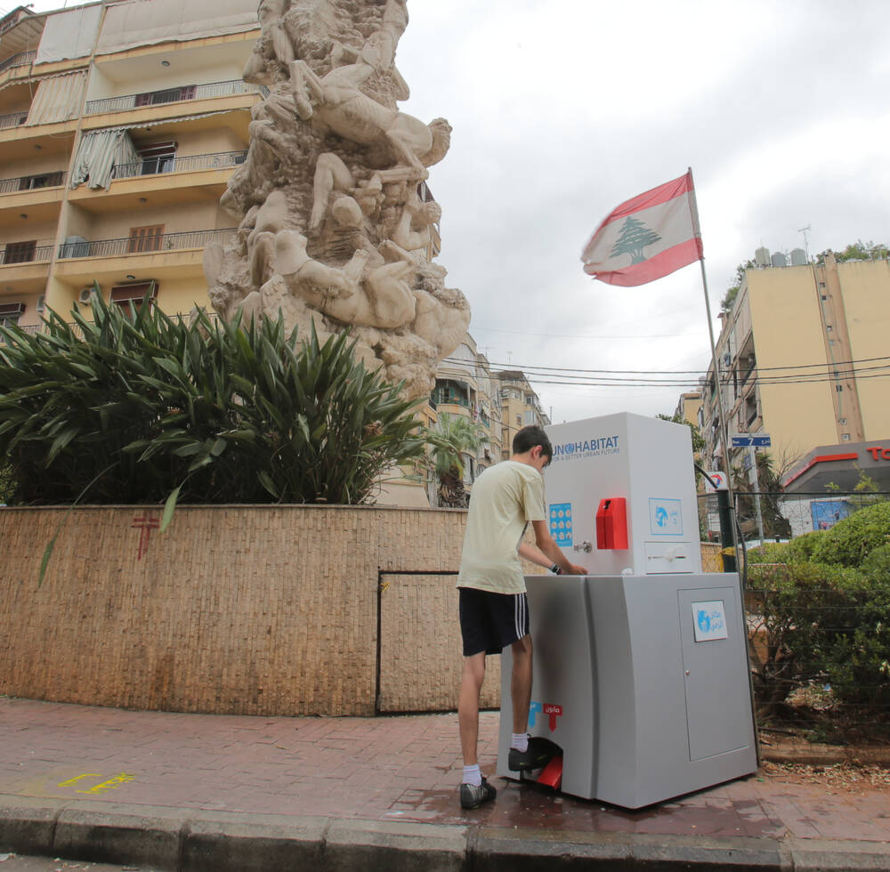 One of the first communal handwashing stations in Lebanon, installed by UN-Habitat to prevent the spread of COVID-19 and other illnesses in Bourj Hammoud, Mount Lebanon