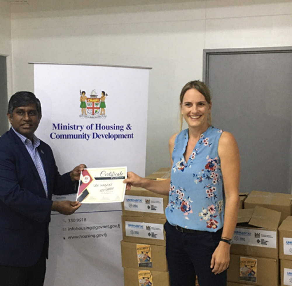 UN-Habitat handing over food supply for over 200 households to Permanent Secretary Mr. Sanjeeva Perera in response to COVID-19 in Fiji on 2 July 2020