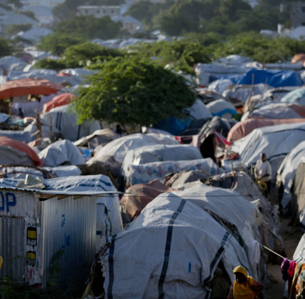Temporary houses closely knit at an Internally Displaced People (IDP) camp in Mogadishu, Somalia