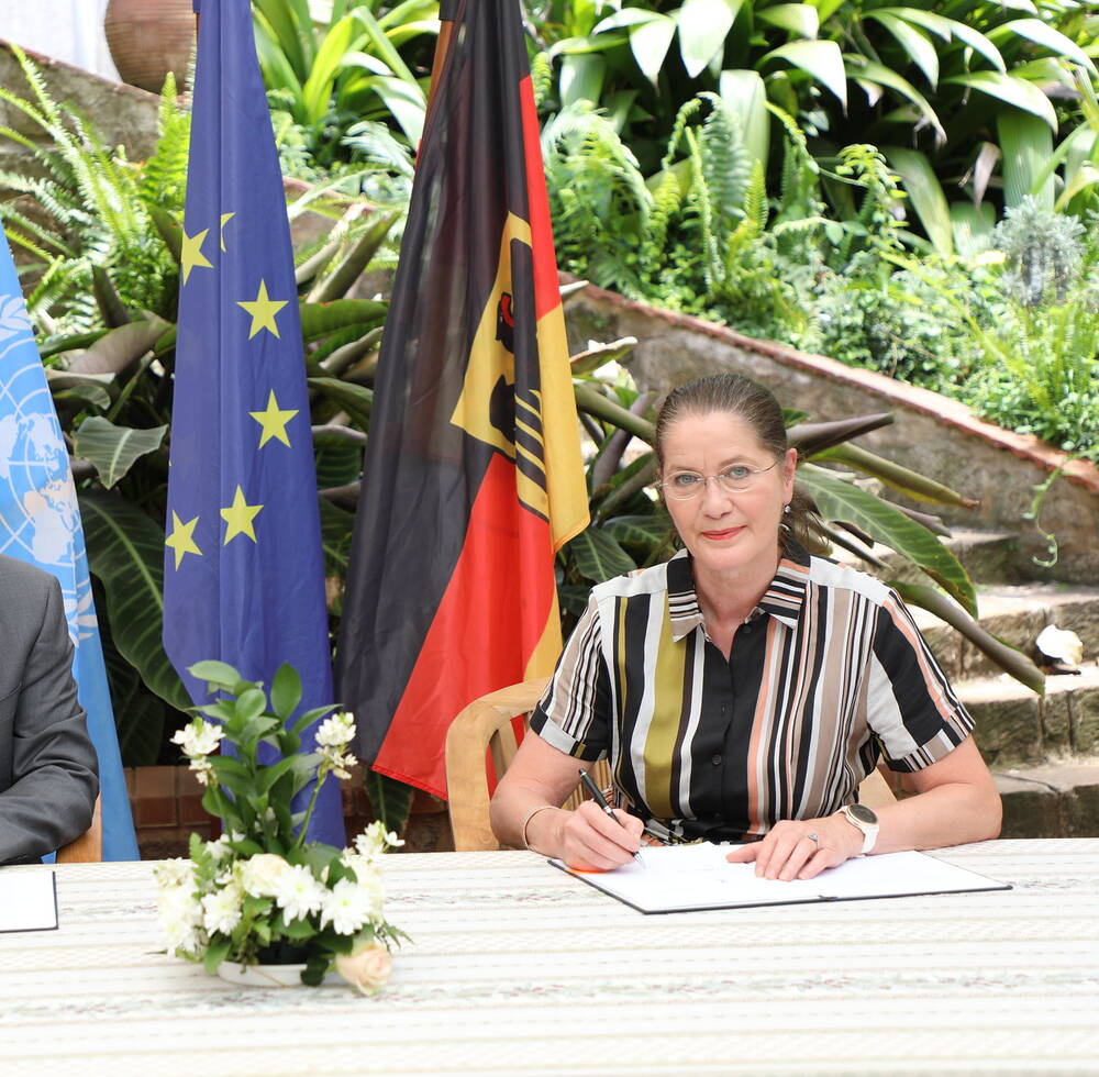 UN-Habitat Deputy Executive Director Mr. Victor Kisob with the German Ambassador to Kenya H.E. Annett Günther, During the signing of MoU to establish the United Nations Innovation Technology Accelerator for Cities in Nairobi, Kenya 2020 