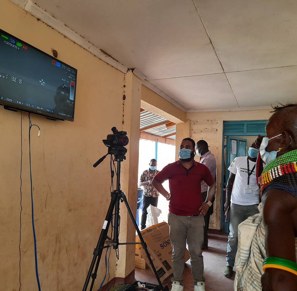 Body temperature measuring camera installed at community centre for integration of refugees and host community in Kenya