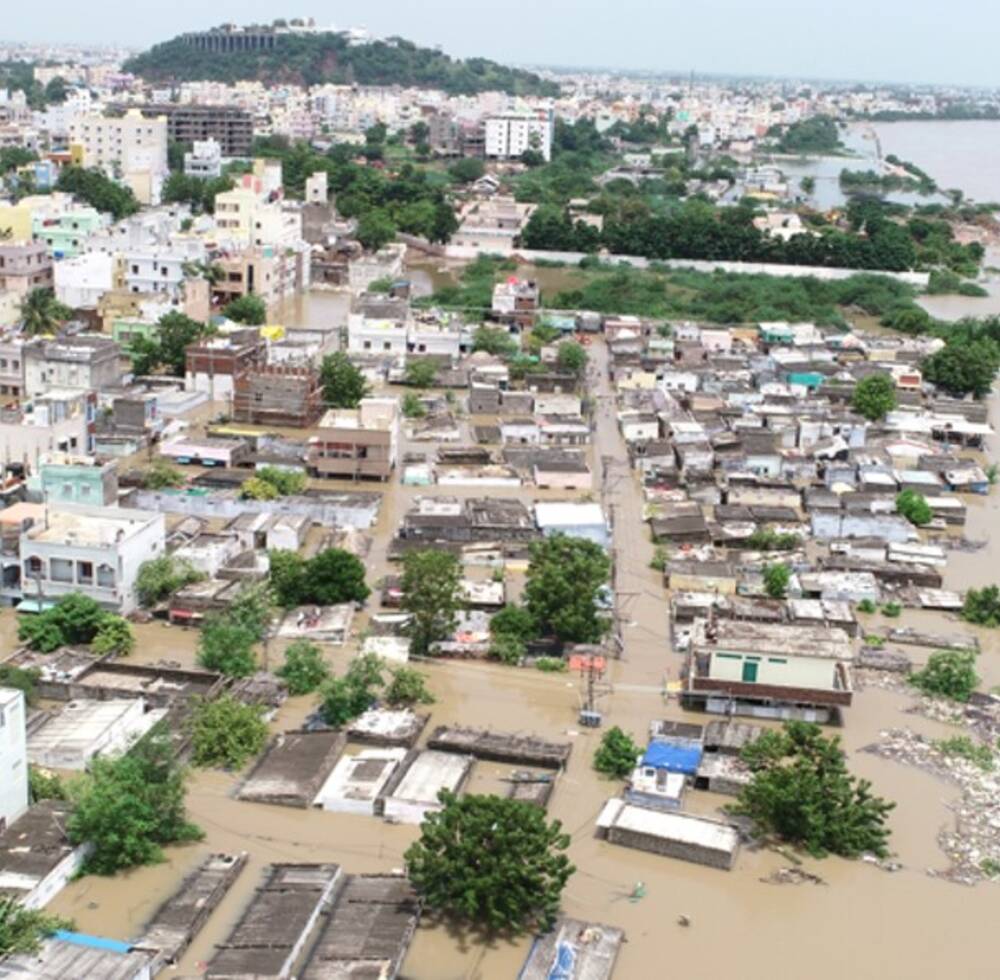 Flash rains cause flooding of Krishna river basin in the South and South-West areas of Vijayawada, India.