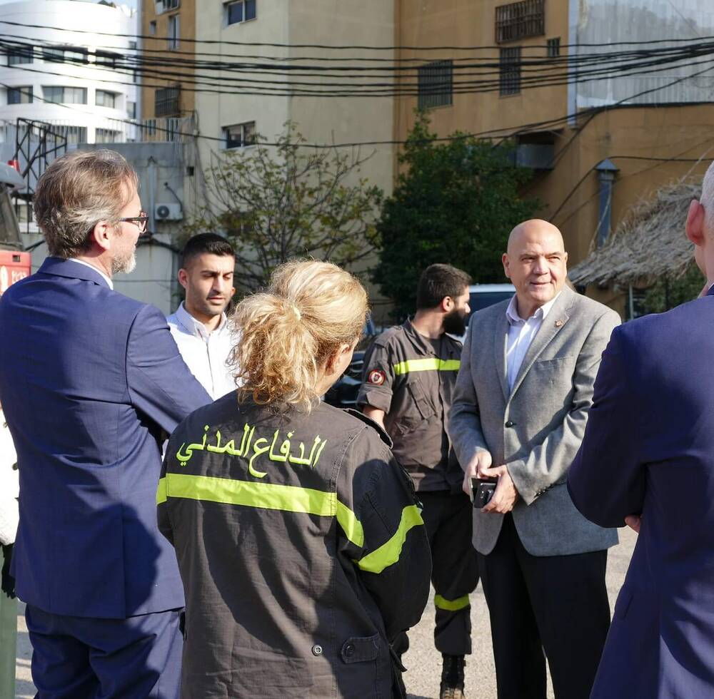 Delegation at the Lebanese Civil Defense facility in Jdeideh during field visit by UN-Habitat and the Embassy of Poland to Lebanon that preceded the handover ceremony of the renewable energy intervention to the three public facilities supported through this project. 24 January 2023