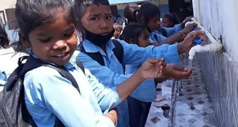 School children practicing proper hand washing at their school in Gaurigunj, Jhapa, Nepal 